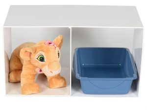 cat resting shelf with stuffed cat demonstrating