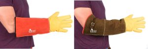 gauntlet gloves in red and brown